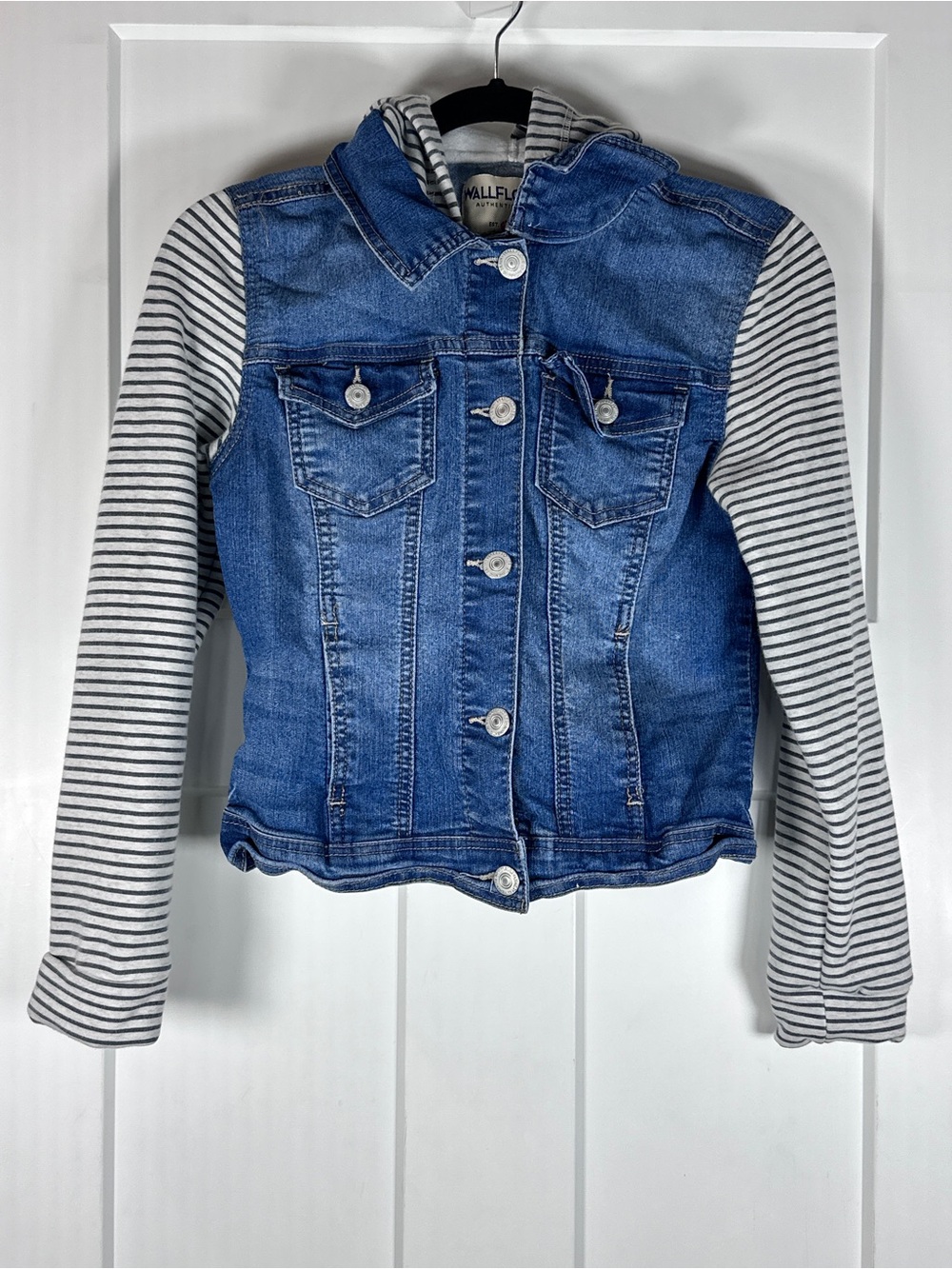 Wallflower Blue Denim Jacket with Gray Striped Knit Sleeves
